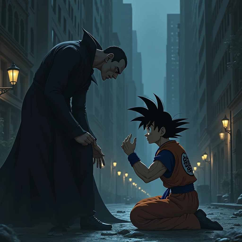 Draw Goku sadly begging a vampire in a dark city
