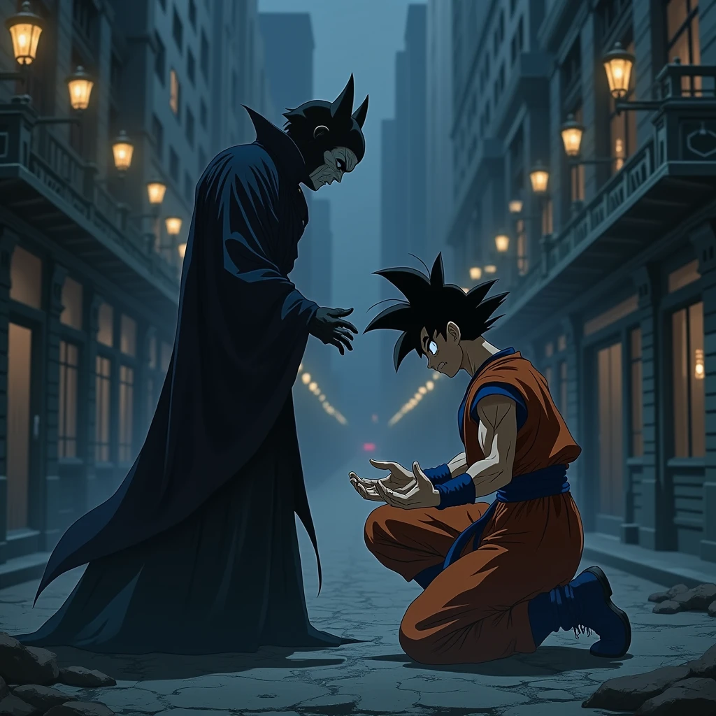 Draw Goku sadly begging a vampire in a dark city