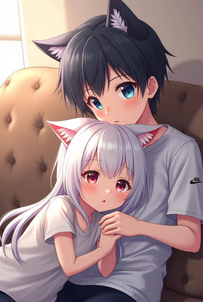 Anime boy with black hair and blue eyes wearing Nike clothes petting the head of another anime girl with white hair and cat ears on the couch lying on the boy's lap