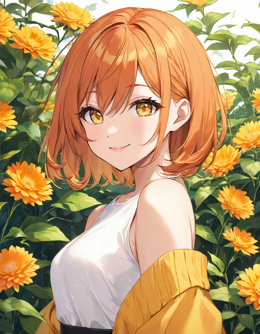 Beautiful self-confidence々Smiling adult woman、((Orange short hair))(Yellow Eyes)、(She's dressed as a sexy wizard)、Magic Background
