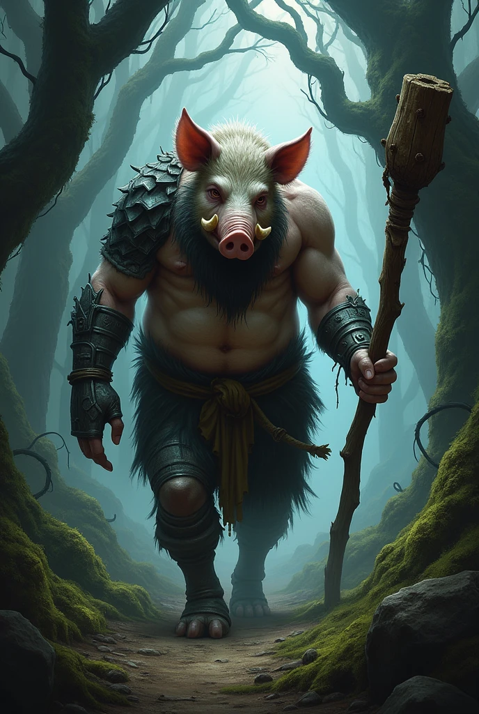 A pig man whose right hand was replaced with a rusty old iron hand has large tusks and a beard holding a wooden stick Walking in the middle of a very scary forest 