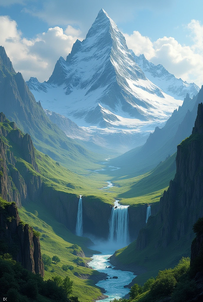 A majestic, snow-capped mountain range, towering peaks piercing the sky, cascading waterfalls tumbling down emerald valleys, hidden caverns glowing with the heat of dwarven forges below, cinematic lighting, dramatic atmosphere, fantasy landscape, detailed environment, highly detailed, digital painting, concept art, photorealistic, 8k, HDR, physically-based rendering, masterpiece