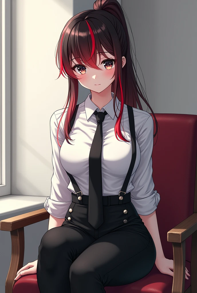 anime style, beautiful anime girl, sitting on chair, no tie, white dress shirt, red and black ponytail hair, black eyes, wearing suit pants, suspender, all button up, not smiling