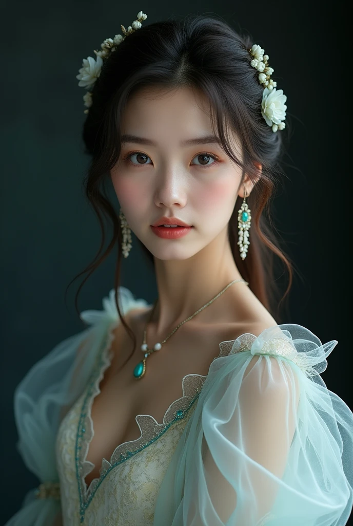 Best Quality, masterpiece, High resolution, 1 girl, clear silk porcelain dress, beautiful face, Hair Accessories, Looking at the audience, smiling, close your mouth, Lips, dress, Hair Accessories, necklaces, jewelry, by the wide, earrings, beautiful face, in the body, Tyndall effect, Realism, Dark studio, Edge lighting, Two tone lighting, (high detailed leather: 1.2), 8k UHD, DSLR, luz outfit, high quality, volumetric lighting, Photo, High resolution 4K, 8k, Blurred background milf, nude, curvy