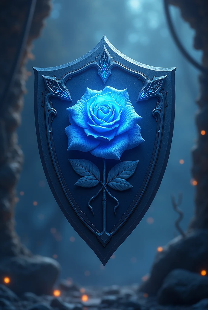 A shield with a blue rose and 2 magic wands