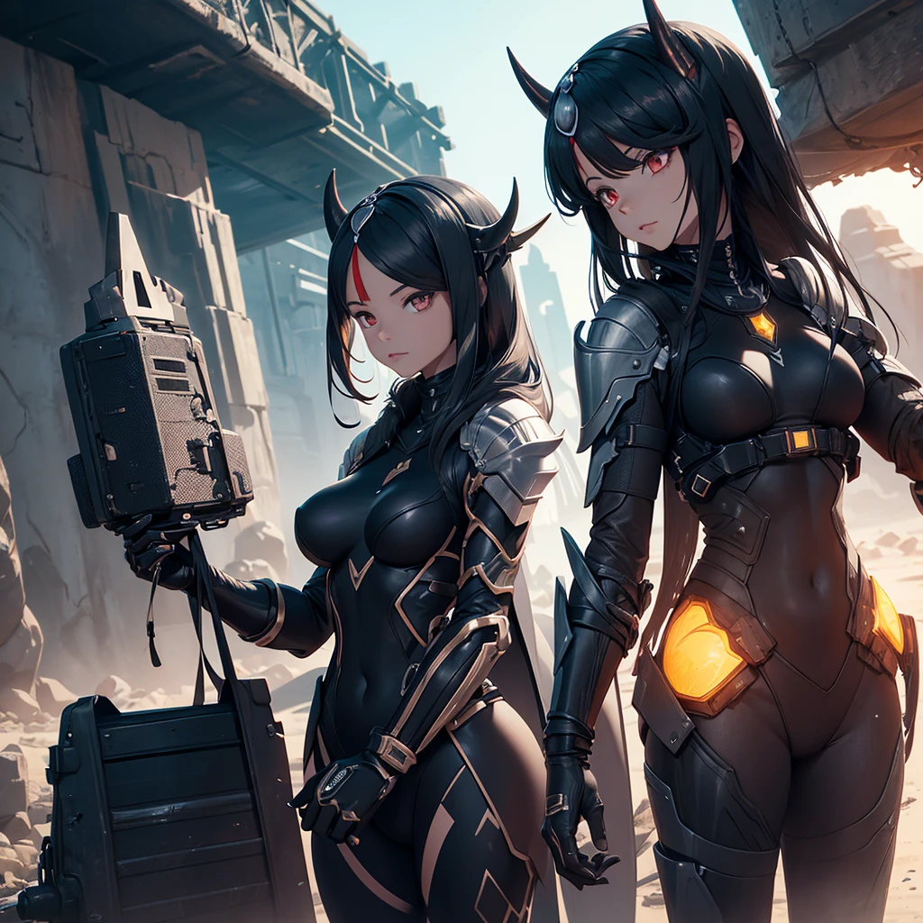 Make an alien character. She should have black clothes as technological armor., besides having futuristic horns. It should be in a desert and arid setting..