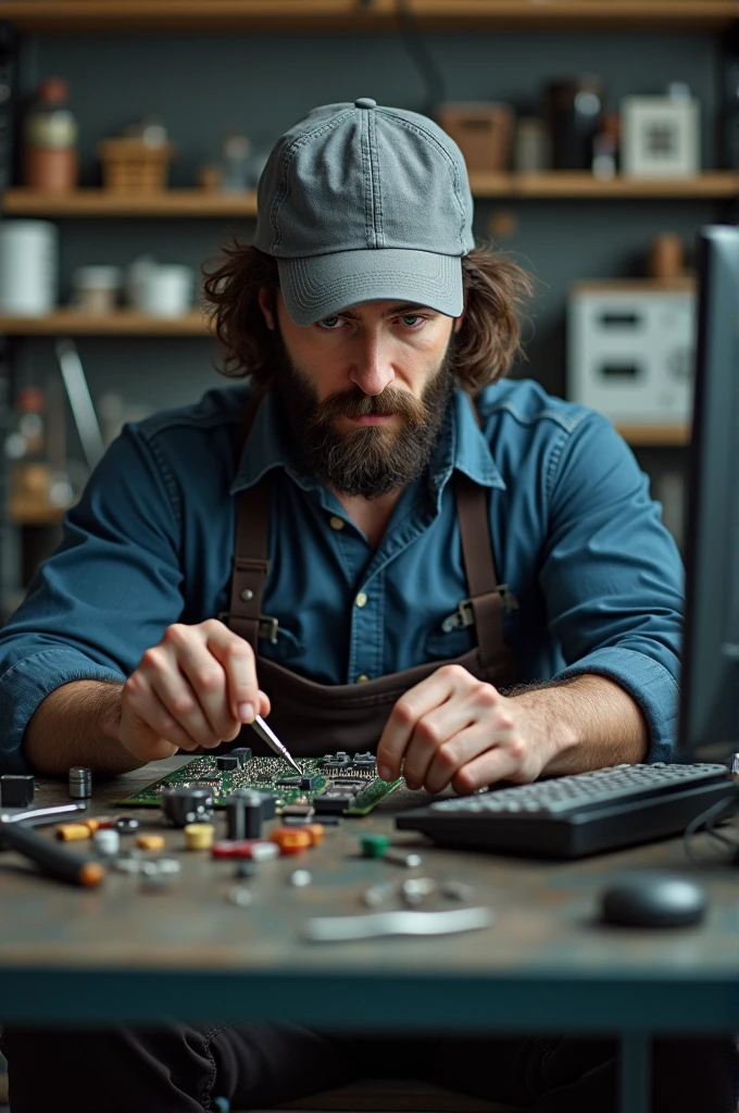 white male, western, 30 YEARS OLD, with medium length brown hair, and medium black beard, wearing a gray cap, repairing a home computer in your electronics workshop, image must have medium contrast, high resolution, with opaque background, and highlighting the main character