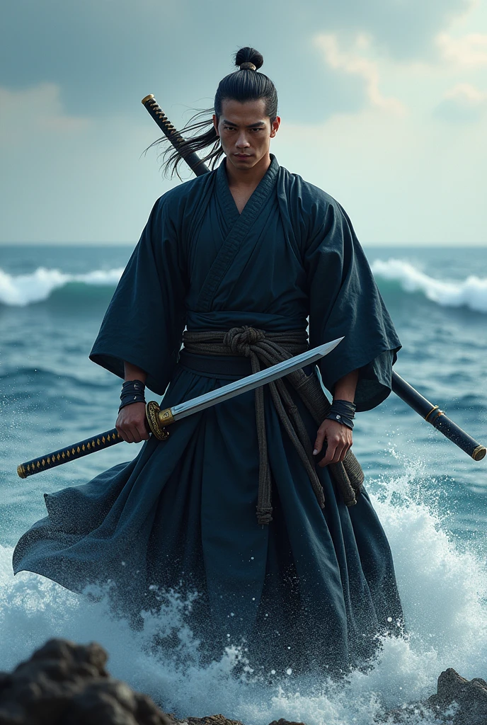 A samurai wearing black hakama and holding a Japanese sword,Ryoma Sakamoto,The background is the sea
