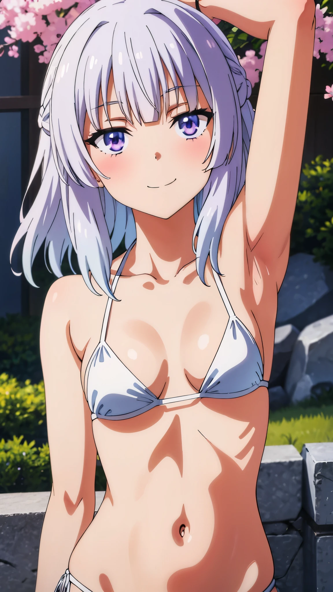 1girl, white hair, purple eyes, portrait, realistic, towel, (onsen), sidelighting, wallpaper, nsfw,