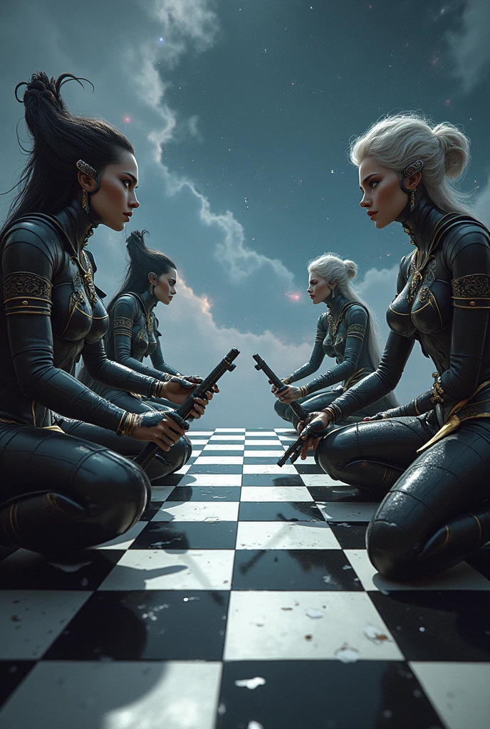 space chess, start of the game. Girls in armor instead of chess pieces. Each one looks like a figure, which replaces. Ready for battle, weapons ready. detailing of space, detailing girls, sexually, Grandly, Weapon detailing. white and black.