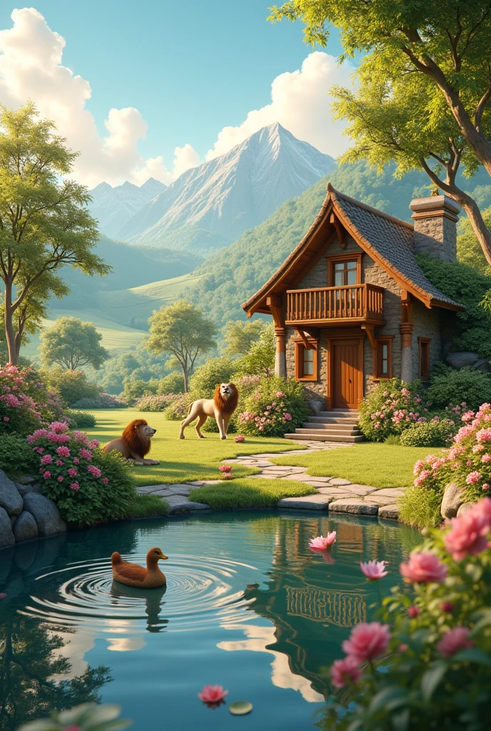 Garden house, sun, mountain, snake, lion, duck, pond
Minimal