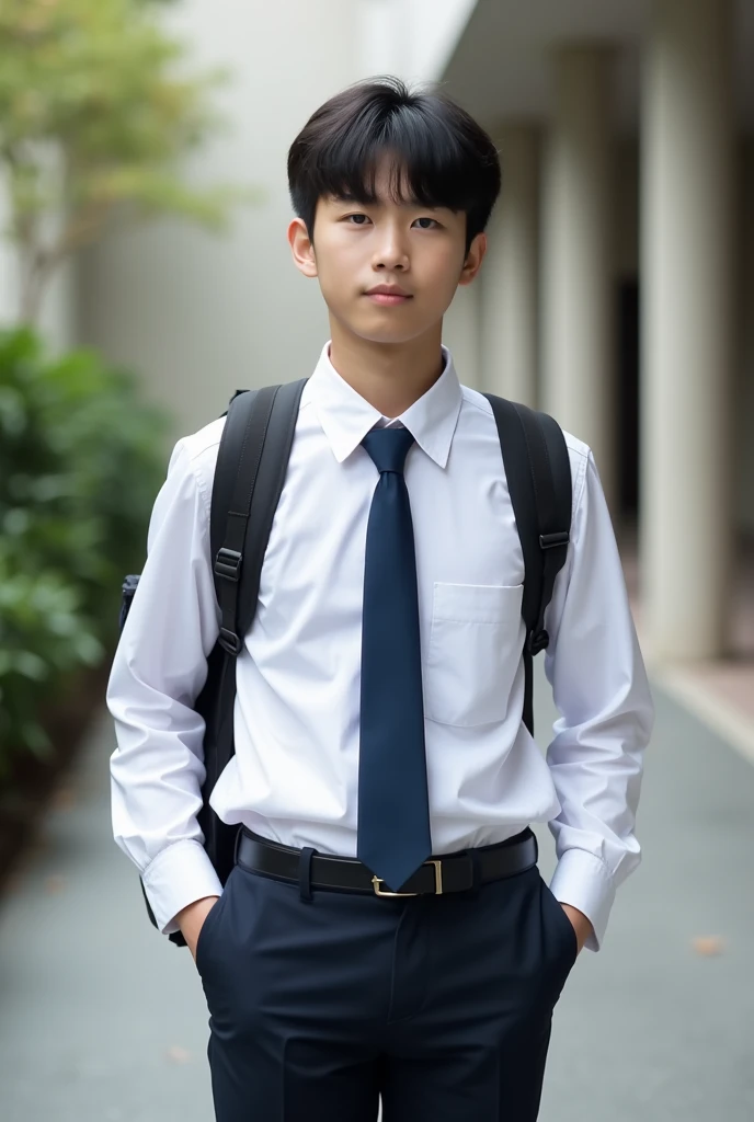 a student with only a white shirt, Navy blue tie and backpack