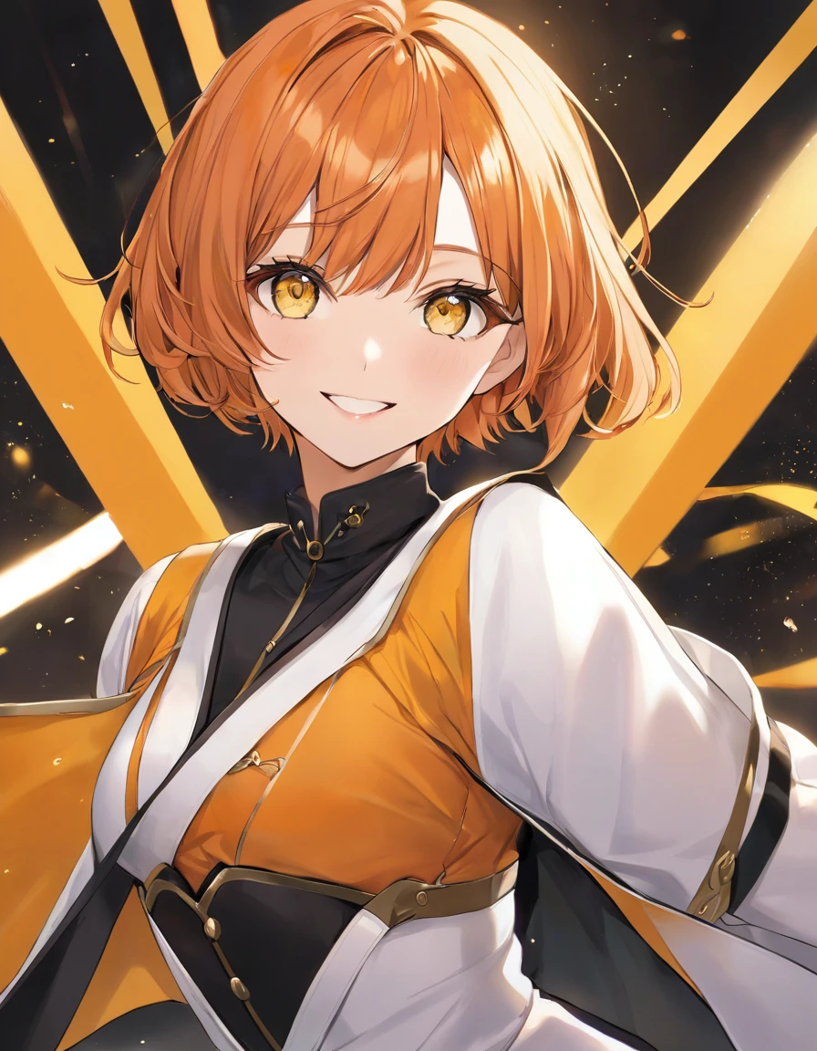Beautiful adult woman、((Orange short hair))(Yellow Eyes)、(She&#39;s dressed as a sexy wizard)、Close-up of face、Neon Background