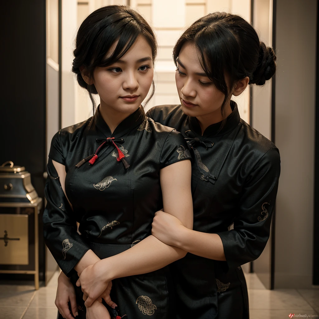 A girl in a black dragon-patterned Qipao dress hugs her brother.