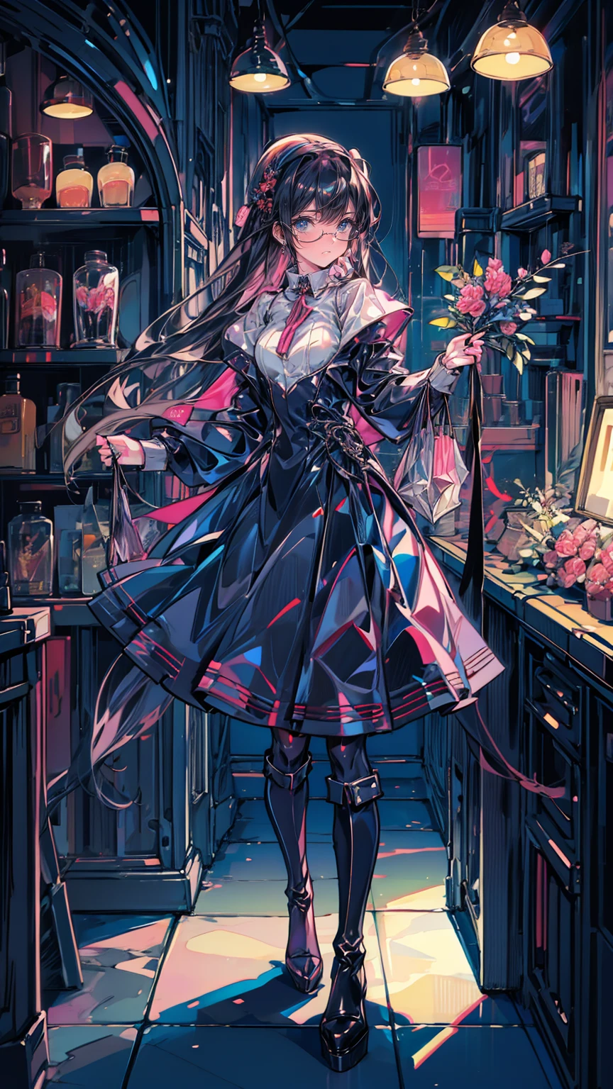 、Anime Style、Storytelling、、beautiful girl、とてもcute天使、Pink Gothic Dress、cute、、smile、Long skirt、Black long boots、shopping、shoppingモール、Inside the store、Gothic Shop
