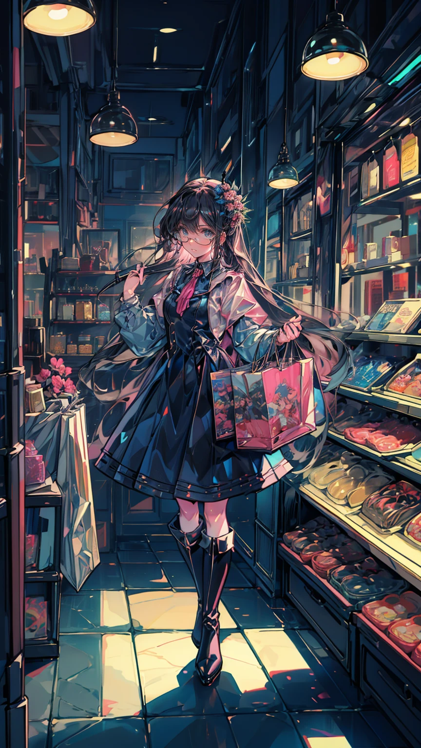 、Anime Style、Storytelling、、beautiful girl、とてもcute天使、Pink Gothic Dress、cute、Baby Face、smile、Long skirt、Black long boots、shopping、shoppingモール、Inside the store、Gothic Shop
