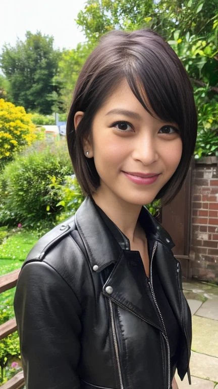 最high quality, 8k, Vibrant, Sharp focus, high quality, High resolution, Middle-aged women, Mature Woman, 5, (Whole Body Ezbian), (High heels face detail, Highly detailed eyes, Plump figure、Plump face、((big 1.6))、((Black leather clothing))、garden、Random Hairstyles、A kind smile、Very short hair、(Standing posture、Leather skirt、leather jacket、Leather Fashion)、