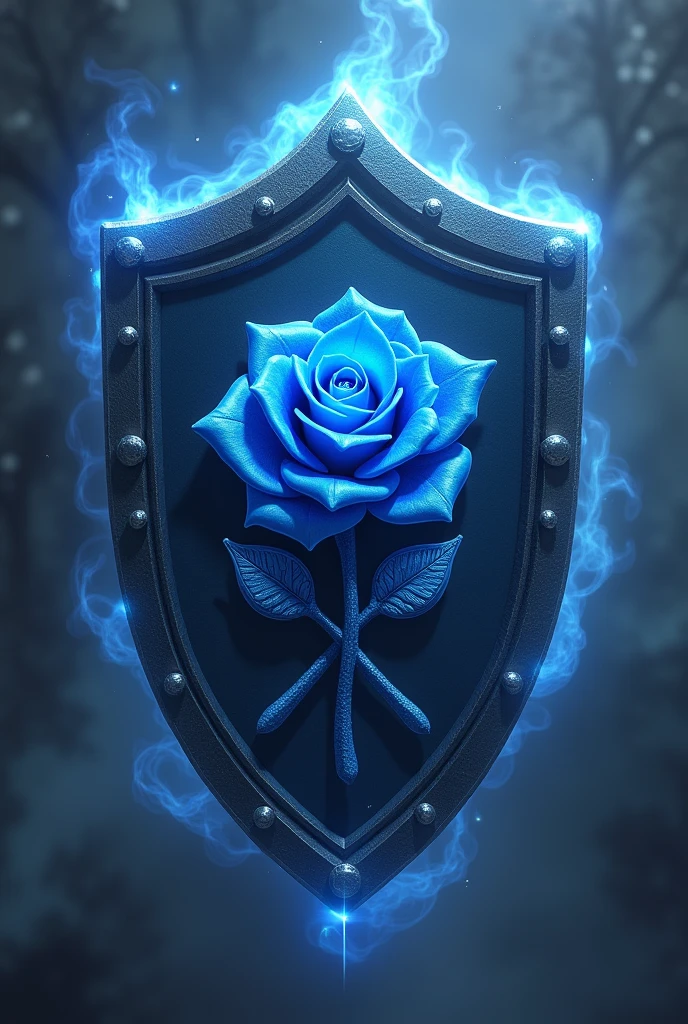 A shield with a blue rose and 2 magic wands