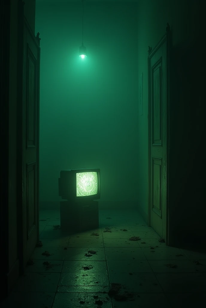 A dark room with green tones and an old TV with poor signal placed on the floor in the middle of the room. The picture is eerie.