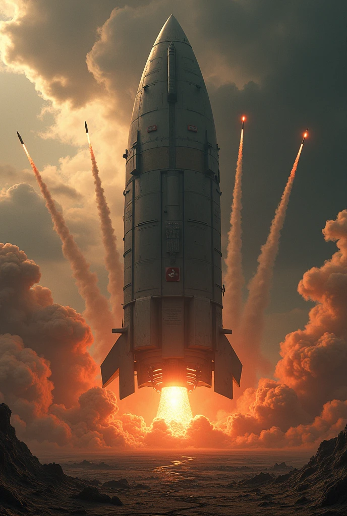 (photorealism:1.2), an apocalyptic landscape with a huge 7DTR in the center and thousands of nuclear bombs being launched into the sky
