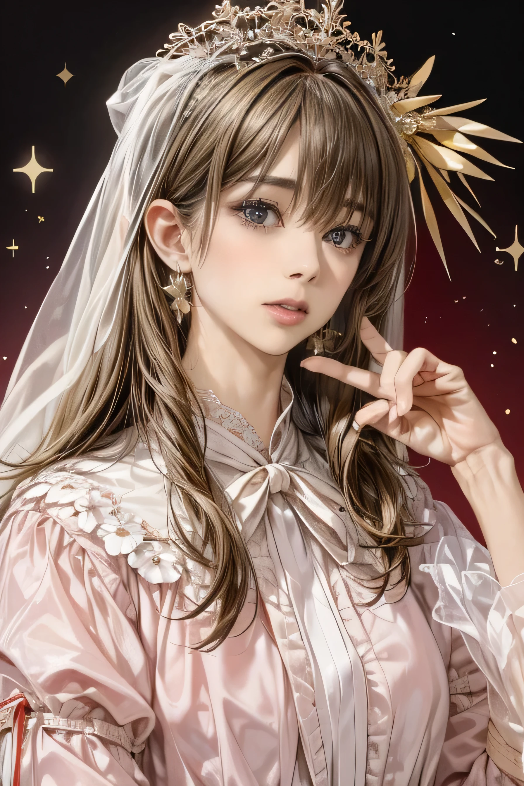 (Highest quality:1.4,masterpiece:1.4),Ultra-high resolution,8k,CG,Exquisite,Upper Body,,Thumb Girl, Princess,Taffeta coat dress,Floral Background,Detailed facial features,long flowing hair,Almond Eye,Exquisiteアイメイク,Long, fluttering eyelashes,Sparkling eyes and starry sky gaze,Delicate lip detail,Soft and harmonious style.