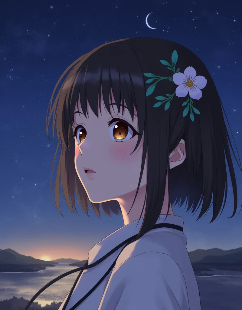 One beautiful girl,Highest quality,masterpiece,detailed,night,One beautiful girl,The scent of flowers drifts,風が囁くnight, A light seen in the distance,Let yourself be led,Close up of face