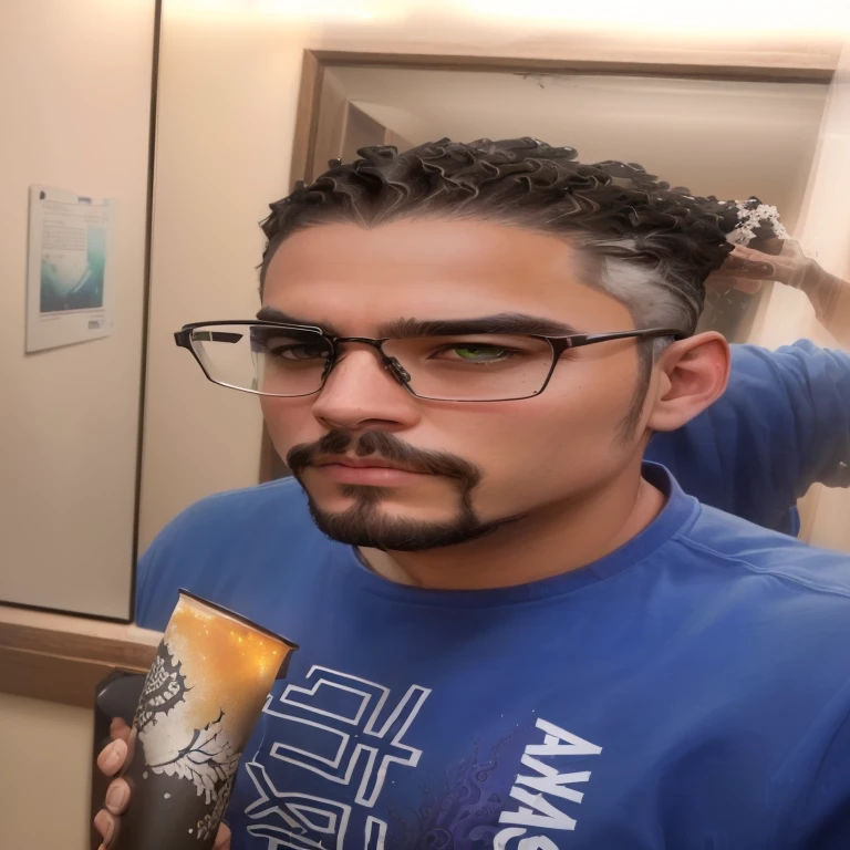 there is a man taking a selfie in the mirror, with nerdy cups and goatee, with cups and goatee, with nerdy! cups! and goatee, around 1 , taken at the beginning of 2020, without mustache, André Rios, profile picture with headshot, 8k selfie photograph, thin and tiny mustache, no beard work of art, (absurderes, high resolution, ultra detaild), (offcial art, beautiful and aesthetic:1.2), (black art, erosion, Fractal Art :1.3), colorfully, horor, More Detailed, make a phoenix, a legendary animal, green and white mythological animal, with a fierce flame, that shows infinite beauty, 4k resolution, high qualiy, very detailed,