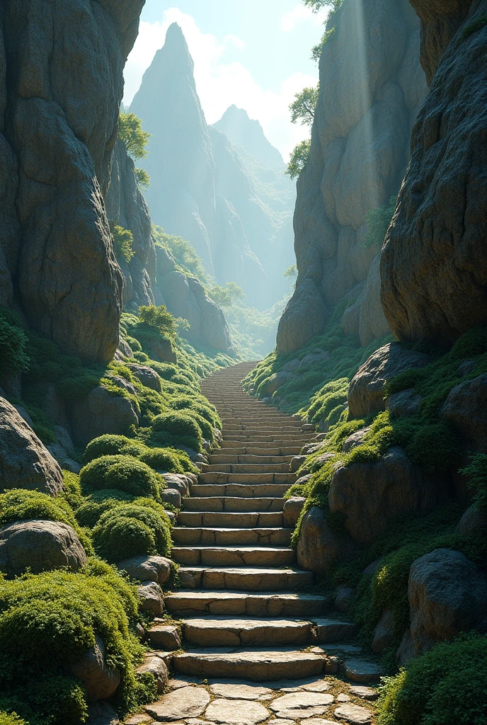 Stairs emerge from beneath the ground of a mountain