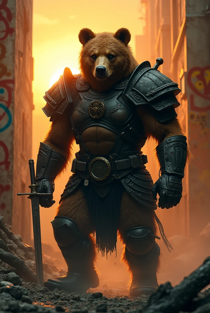 Mid-shot，Dark sci-fi style, A brown bear warrior holding a sharp samurai sword, Wearing scaly high-tech armor, Post-apocalyptic dystopian landscape,the ruined city,Rubble and ruins,GLOOMY AMBIANCE,Orange sky,Graffiti covered wall,Film composition,Ultra Detailed,masterpiece，(Style similar to Grimly),((Amazing Art Effects from Hans Haltung)),
