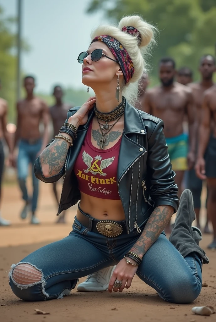 russian old milf woman, , blonde platinum hair (beehive bun) and wide colourful bandana as headband), with very light green eyes, extremely pale. No tan. Wearing aged cropped black moto jacket (zippers on the side). Cropped short dark red push up t-shirt with winged hammer and sickle logo and gothic lettering,, dark skinny low rise blue jeans with holes on knees (white cotton visible). White tennis sneakers and bead bracelets around ankles. Lots of thick wide studded bracelets, chain collars and big rings. Tacky wide studded leather belt with skull and bones oval buckle. Long earrings with chains and feathers. Kneeling, stretching her neck.. Hands on knees, spread legs, Toned abdominals, thin neck, slim legs and thin arms. Narrow hips. Heavily tattooed in colour on chest, hands, neck and arms. Crowded dirt street of Nairobi with shirtless men crowding behind her