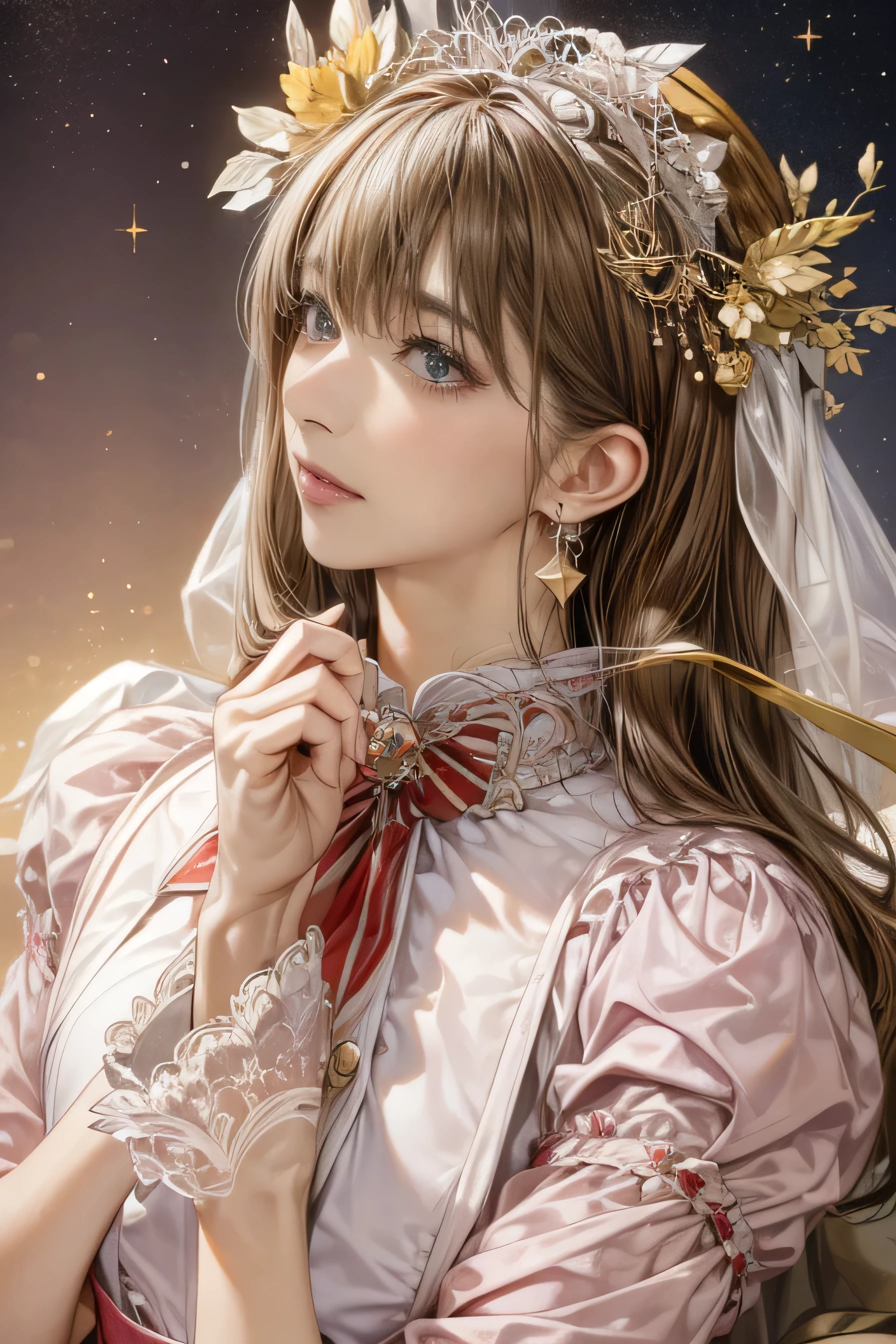 (Highest quality:1.4,masterpiece:1.4),Ultra-high resolution,8k,CG,Exquisite,Upper Body,,Thumb Girl,Little Princess,Taffeta coat dress,Floral Background,Detailed facial features,long flowing hair,Almond Eye,Exquisiteアイメイク,Long, fluttering eyelashes,Sparkling eyes and starry sky gaze,Delicate lip detail,Soft and harmonious style.