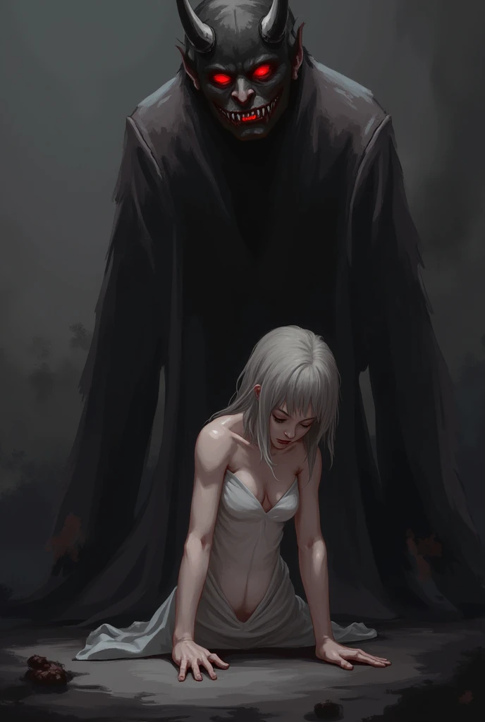 A girl sitting and covering her clothes and next to her the boy is standing with devil face and looking at her