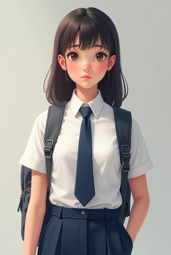 a mixed-race student with only a white shirt, Navy blue tie and backpack