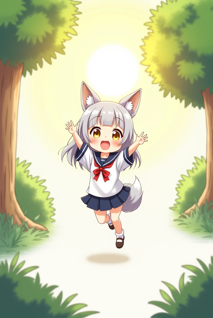 highres, nenodroid, glad, laughing, junping, looking at viewer, ponytail, blunt cut, silver hair, golden eyes, big eyes, eyes open, fair skin, chibi, slim, mini skirt, school uniform, sailor uniform, ribbon, with fox ears, japanese, white background, in the forest, with a sun, with a tree, kawaii, chibi anime, soft-edged, full body shot, from front, sunrise,