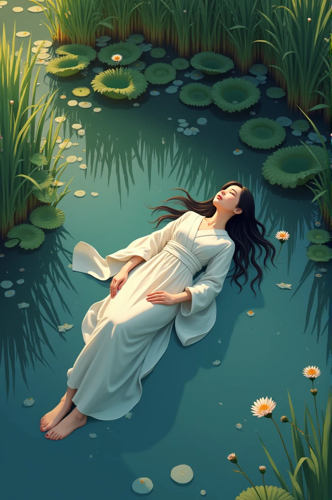 A serene and tranquil scene of a Japanese beautiful woman laying in a calm pond during the soft evening light, viewed from a high angle. surrounded by floating grass, with delicate blades resting on the water's surface. reflection dances in the gentle ripples of the water, blending elegantly with the natural beauty of the scene. The overall atmosphere is peaceful and harmonious, presence adding a serene and fearless quality to the moment. The soft evening light enhances the tranquil ambiance, creating a mesmerizing view of nature's art.