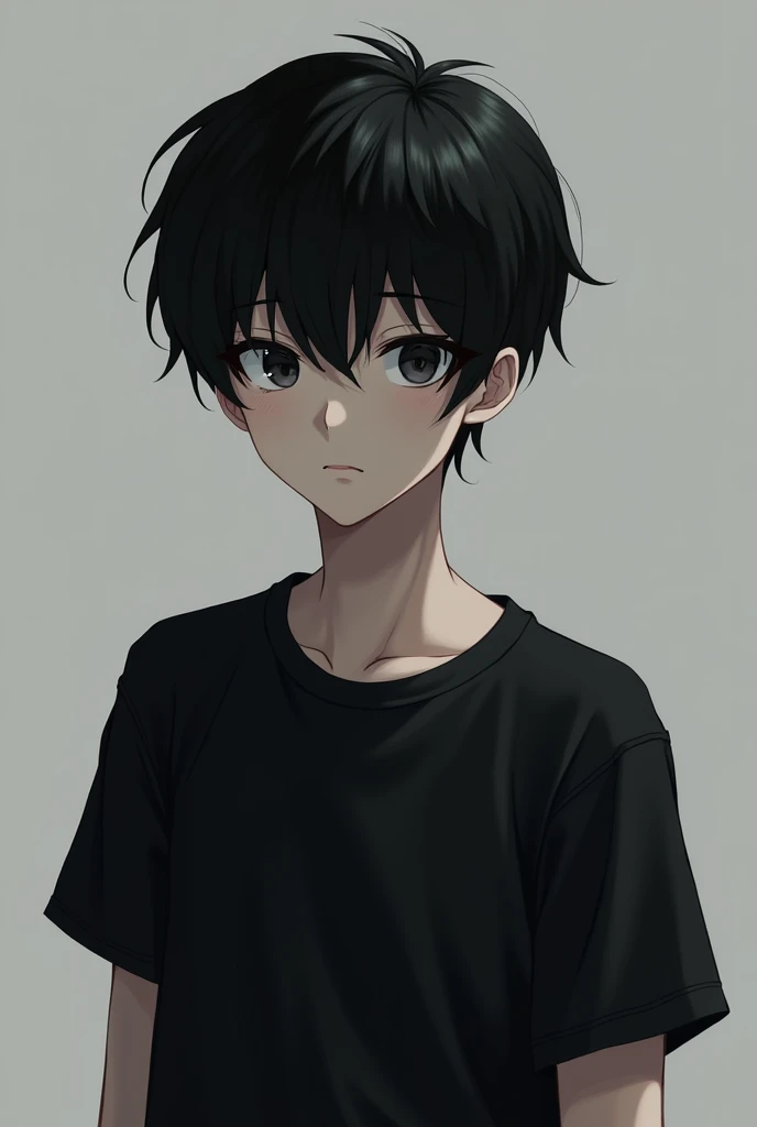Anime boy image with black eyes and hair with black t shirt and white skin with some pubic hair