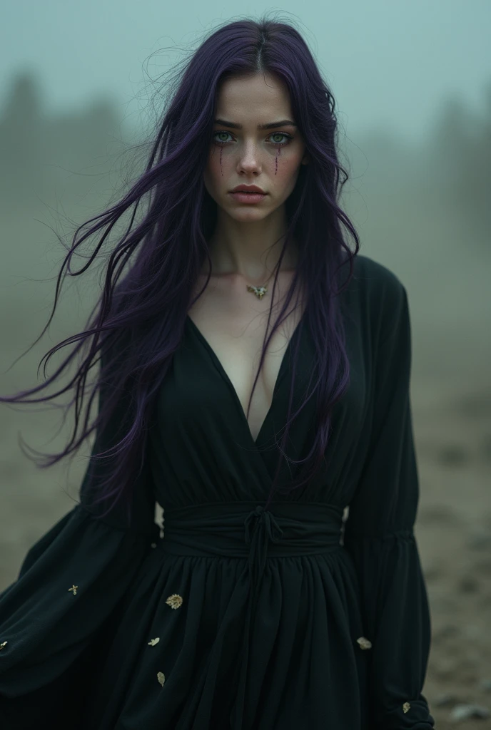 English woman 20 years old,skin fair,sparkling green eyes,dark purple hair,she is crying, your dress is black like a goddess,everything turned to dust,scenarioposes,make-up,cinema image,品質,full body images,detailed,full body image,high resolution,everything to the wind