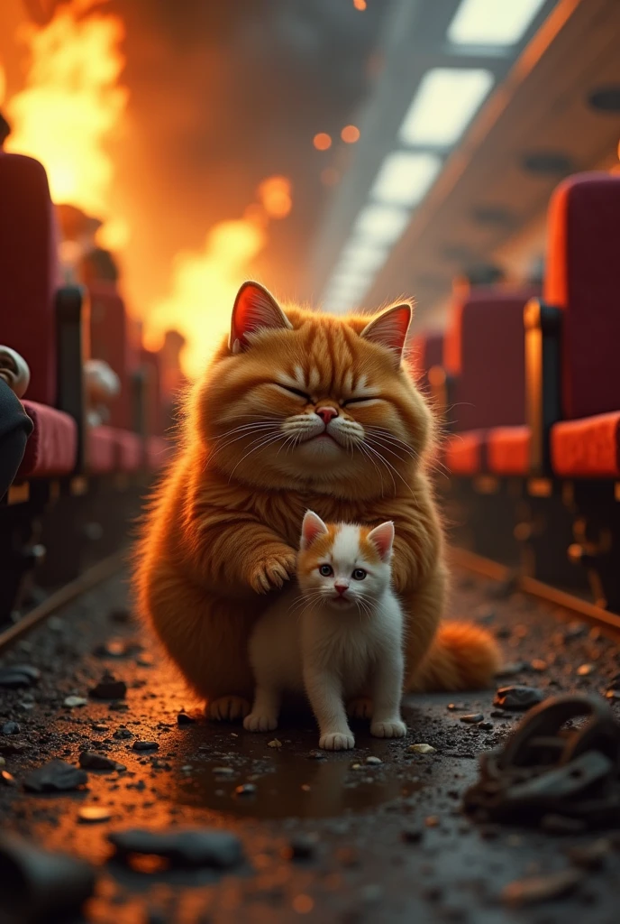 Is this scene where the orange chubby cat and his kitten get injured related to the story where they are traveling on the train that catches fire? If so, could you describe how they get injured so I can help with the details or scene description?