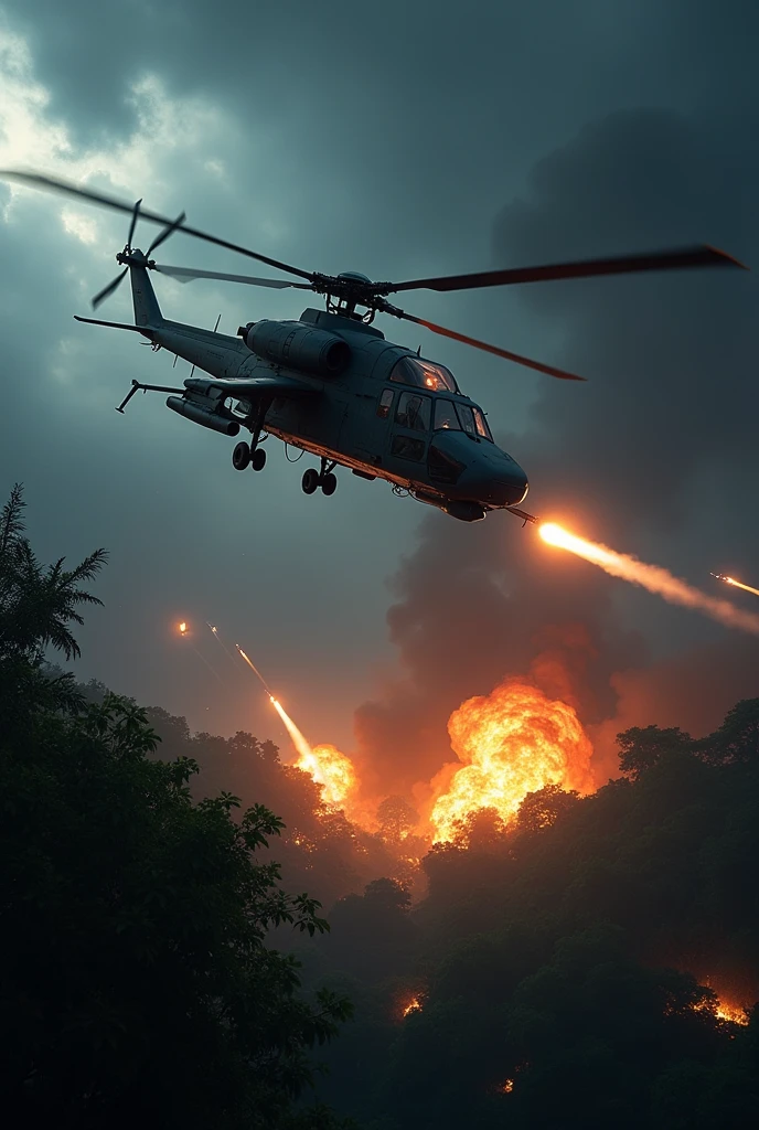 helicopter little bird is flying and launching missiles to explosion the jungle at night.