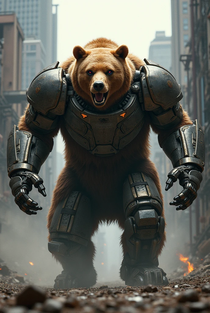 a gigantic brown bear with two mecha metal arms charging forward on two feet, muscular body, boxing pose, one metal robot red eye and one yellow eye, glowing eyes, industrial city background, dramatic lighting, high contrast 