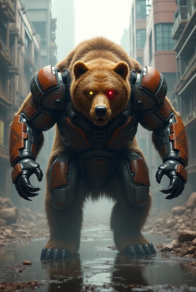 a gigantic brown bear with two mecha metal arms charging forward on two feet, muscular body, boxing pose, one metal robot red eye and one yellow eye, glowing eyes, industrial city background, dramatic lighting, high contrast