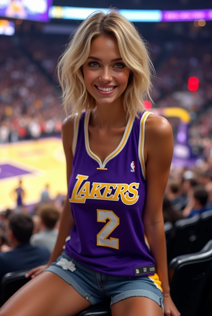 beautiful woman, Blonde girl with short wavy hair and medium breasts In the stands of a vibrant basketball stadium, A young blonde with short wavy hair stands out from the crowd as she enjoys the game. He wears a Los Angeles Lakers jersey, that falls loosely over her figure, and a pair of mini jeans that reveal her long, slender, tanned legs.. The fitted garment highlights her toned silhouette, adding a casual yet attractive touch to your sporty look.
Sitting in the stands, smiles broadly at the camera, with an expression that mixes emotion and joy. His green eyes shine under the stadium lights, reflecting the energy and passion of the game taking place on the court behind her. The Lakers jersey, with its iconic colors of purple and gold, contrasts with the warm tone of her skin, creating an image that perfectly combines the spirit of sport with your personal style.
Around it, The roar of the fans and the electrifying atmosphere of the match fill the air. Behind her, You can see the players running around the pitch, intensely focused on the game. Seats filled with passionate fans complete the scene, as she becomes the center of attention with her smile and carefree attitude.
Describes how the young woman, sitting in the stands, encapsulates the essence of fanaticism and fun in a sporting event, With his Lakers jersey and mini jeans that highlight his relaxed style and his enthusiasm for basketball."