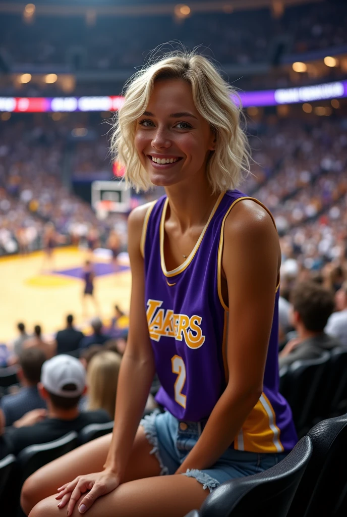beautiful woman, Blonde girl with short wavy hair and medium breasts In the stands of a vibrant basketball stadium, A young blonde with short wavy hair stands out from the crowd as she enjoys the game. He wears a Los Angeles Lakers jersey, that falls loosely over her figure, and a pair of mini jeans that reveal her long, slender, tanned legs.. The fitted garment highlights her toned silhouette, adding a casual yet attractive touch to your sporty look.
Sitting in the stands, smiles broadly at the camera, with an expression that mixes emotion and joy. His green eyes shine under the stadium lights, reflecting the energy and passion of the game taking place on the court behind her. The Lakers jersey, with its iconic colors of purple and gold, contrasts with the warm tone of her skin, creating an image that perfectly combines the spirit of sport with your personal style.
Around it, The roar of the fans and the electrifying atmosphere of the match fill the air. Behind her, You can see the players running around the pitch, intensely focused on the game. Seats filled with passionate fans complete the scene, as she becomes the center of attention with her smile and carefree attitude.
Describes how the young woman, sitting in the stands, encapsulates the essence of fanaticism and fun in a sporting event, With his Lakers jersey and mini jeans that highlight his relaxed style and his enthusiasm for basketball."