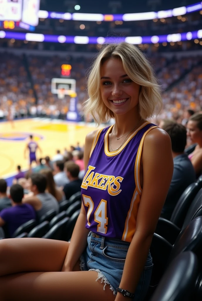 beautiful woman, Blonde girl with short wavy hair and medium breasts In the stands of a vibrant basketball stadium, A young blonde with short wavy hair stands out from the crowd as she enjoys the game. He wears a Los Angeles Lakers jersey, that falls loosely over her figure, and a pair of mini jeans that reveal her long, slender, tanned legs.. The fitted garment highlights her toned silhouette, adding a casual yet attractive touch to your sporty look.
Sitting in the stands, smiles broadly at the camera, with an expression that mixes emotion and joy. His green eyes shine under the stadium lights, reflecting the energy and passion of the game taking place on the court behind her. The Lakers jersey, with its iconic colors of purple and gold, contrasts with the warm tone of her skin, creating an image that perfectly combines the spirit of sport with your personal style.
Around it, The roar of the fans and the electrifying atmosphere of the match fill the air. Behind her, You can see the players running around the pitch, intensely focused on the game. Seats filled with passionate fans complete the scene, as she becomes the center of attention with her smile and carefree attitude.
Describes how the young woman, sitting in the stands, encapsulates the essence of fanaticism and fun in a sporting event, With his Lakers jersey and mini jeans that highlight his relaxed style and his enthusiasm for basketball."