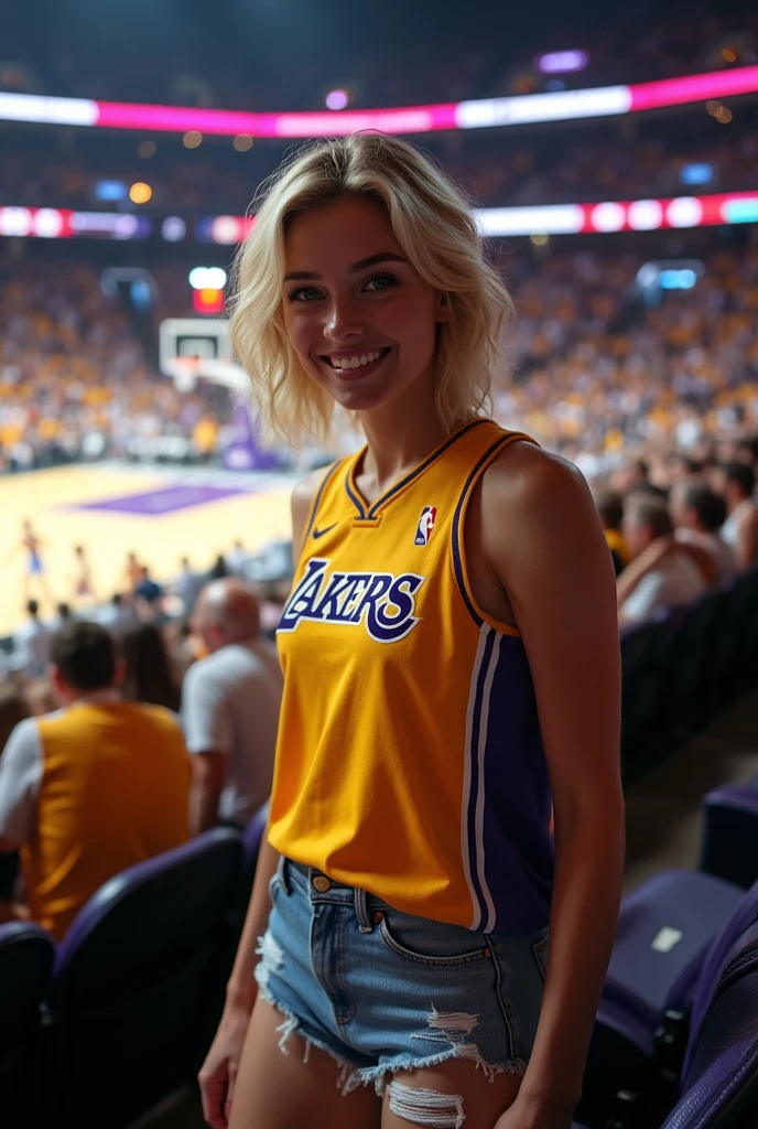 beautiful woman, Blonde girl with short wavy hair and medium breasts In the stands of a vibrant basketball stadium, A young blonde with short wavy hair stands out from the crowd as she enjoys the game. He wears a Los Angeles Lakers jersey, that falls loosely over her figure, and a pair of mini jeans that reveal her long, slender, tanned legs.. The fitted garment highlights her toned silhouette, adding a casual yet attractive touch to your sporty look.
Sitting in the stands, smiles broadly at the camera, with an expression that mixes emotion and joy. His green eyes shine under the stadium lights, reflecting the energy and passion of the game taking place on the court behind her. The Lakers jersey, with its iconic colors of purple and gold, contrasts with the warm tone of her skin, creating an image that perfectly combines the spirit of sport with your personal style.
Around it, The roar of the fans and the electrifying atmosphere of the match fill the air. Behind her, You can see the players running around the pitch, intensely focused on the game. Seats filled with passionate fans complete the scene, as she becomes the center of attention with her smile and carefree attitude.
Describes how the young woman, sitting in the stands, encapsulates the essence of fanaticism and fun in a sporting event, With his Lakers jersey and mini jeans that highlight his relaxed style and his enthusiasm for basketball."