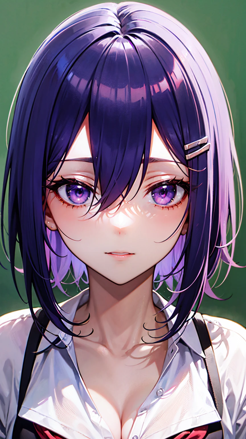 2D, masterpiece, Highest quality, anime, Very detailed, One person, alone, lily, Purple eyes, Purple Hair, Hair between the eyes, Hair Clip, school uniform, Yandere face
