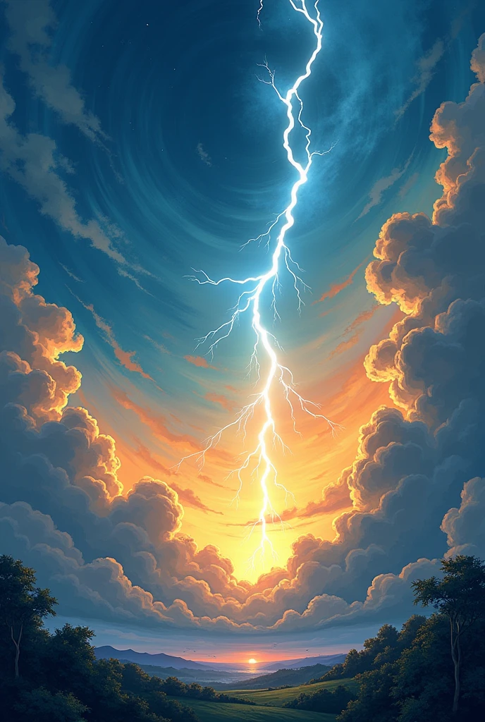 background with thunder, anime illustration style, without any characters, predominating yellow and blue colors, effect with lights, without a landscape