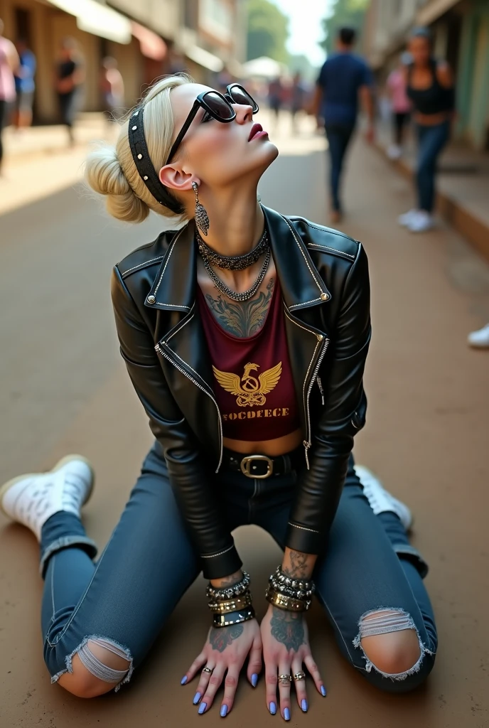russian old milf woman, , blonde platinum hair (beehive bun) and oversized square sunglasses as headband), with very light green eyes, extremely pale. No tan. Wearing studded aged cropped black moto jacket (zippers on the side). Cropped short dark burgundy push up t-shirt with winged hammer and sickle logo and gothic lettering,, dark skinny low rise blue jeans with holes on knees (white cotton visible). White tennis sneakers. Lots of thick wide studded bracelets, chain collars and big rings. Tacky wide studded leather belt with big eagle oval buckle. Long earrings with chains. Kneeling and looking up at the sky, stretching her neck.. Hands on knees, spread legs, Toned abdominals, thin neck, slim legs and thin arms. Narrow hips. Heavily tattooed in colour on chest, hands, neck and arms. Crowded street of Nairobi