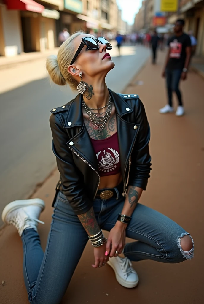 russian old milf woman, , blonde platinum hair (beehive bun) and oversized square sunglasses as headband), with very light green eyes, extremely pale. No tan. Wearing aged cropped black moto jacket (zippers on the side). Cropped short dark burgundy push up t-shirt with winged hammer and sickle logo and gothic lettering,, dark skinny low rise blue jeans with holes on knees (white cotton visible). White tennis sneakers. Lots of thick wide studded bracelets, chain collars and big rings. Tacky wide studded leather belt with big eagle oval buckle. Long earrings with chains. Kneeling and looking up at the sky, stretching her neck.. Hands on knees, spread legs, Toned abdominals, thin neck, slim legs and thin arms. Narrow hips. Heavily tattooed in colour on chest, hands, neck and arms. Crowded street of Nairobi