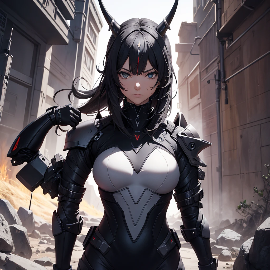 Make an alien character. She should have black clothes as technological armor., besides having futuristic horns. It should be in a desert and arid setting..